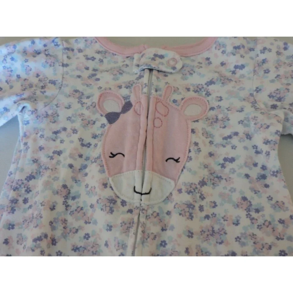 Carters Sheep Bodysuit One Piece Flowers Pink Pajamas Baby Girl Footed Zips 9M - Picture 2 of 5